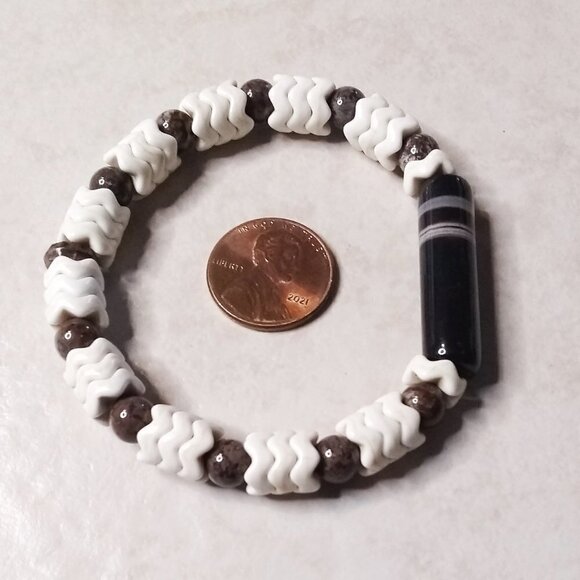 Brown Agate + Jasper & Natural Howlite! Soft Bangle - Stretch Bracelet 6.5-7" - Picture 3 of 7